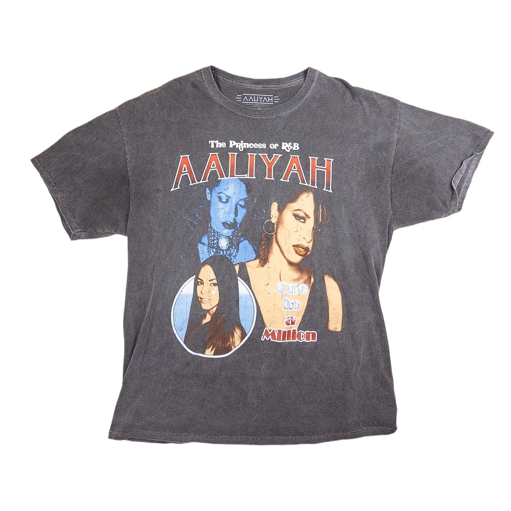Aaliyah Graphic T-Shirt Unisex Large Gray Excellent Acid Wash R&B Tee